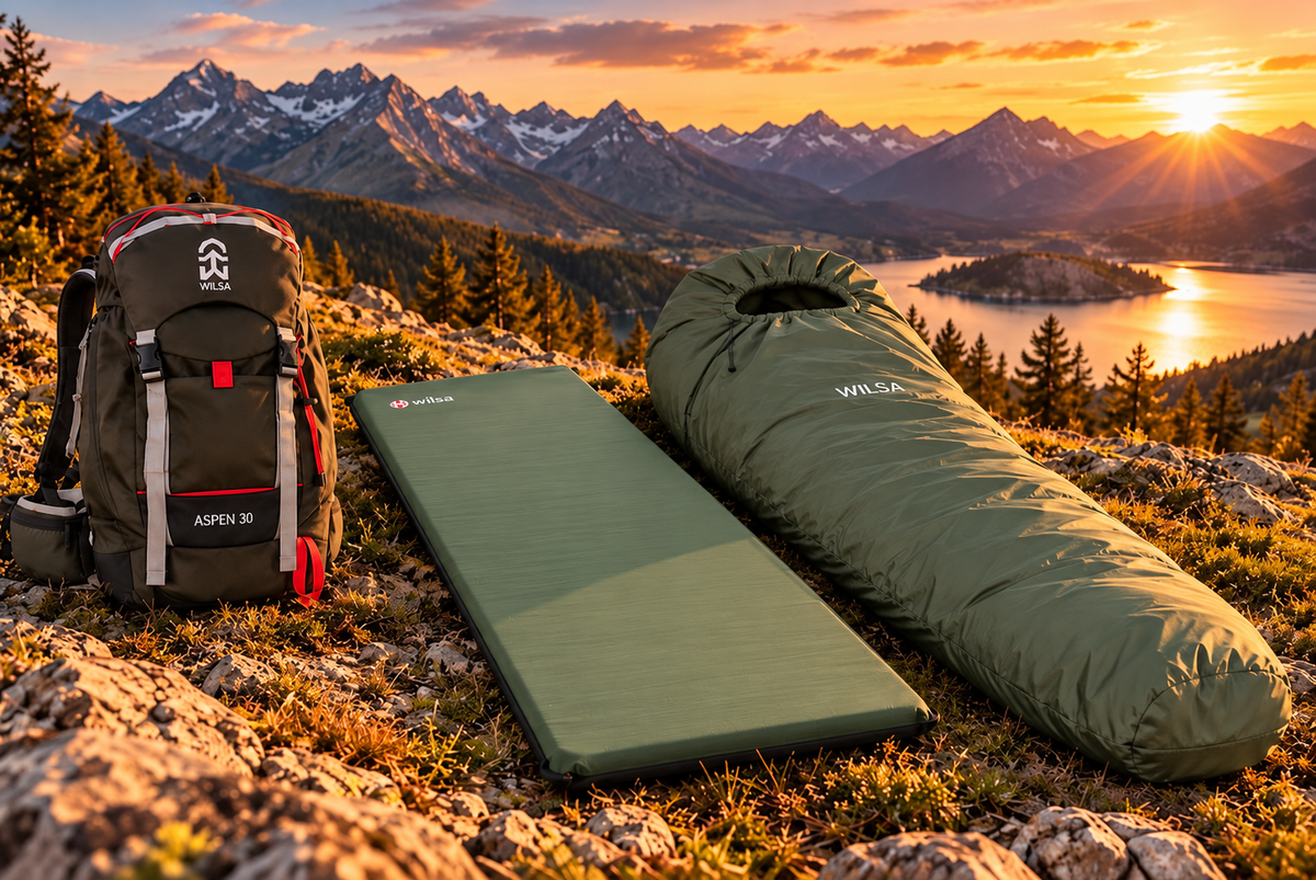 Présentation détaillée du Pack OUTDOOR Athletic Bird avec le sac Wilsa Aspen 30 L, le matelas Rando 25, le sursac Wilsa et le Guide Outdoor.