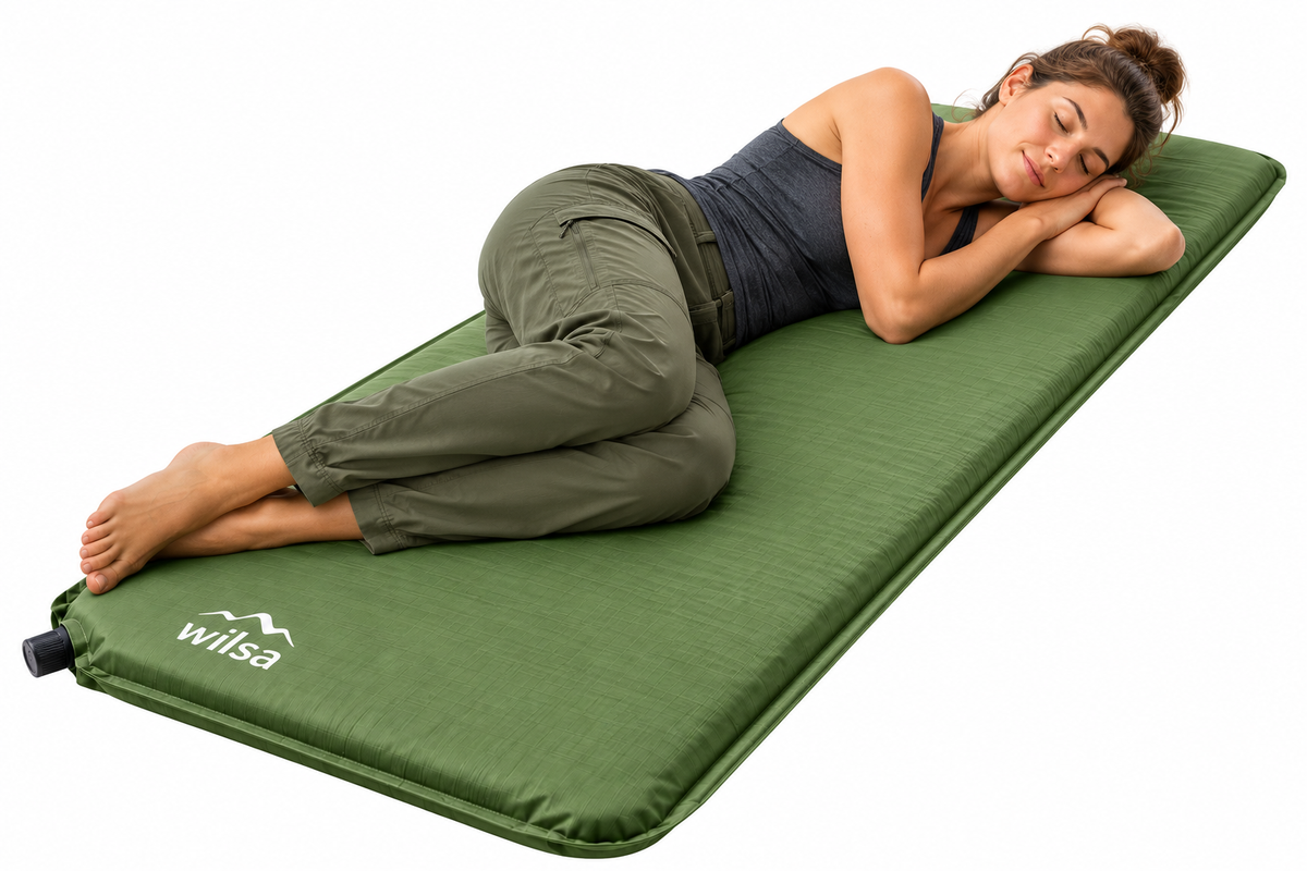 Matelas Rando 25 autogonflant Wilsa utilisé en extérieur lors d’une pause en montagne.