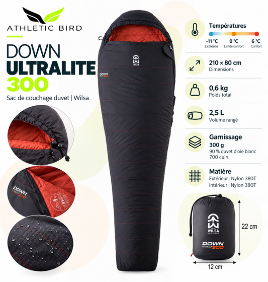 Sac de couchage Wilsa Ultralite Down 300 noir, léger et compact, conçu pour le trekking et le bivouac.