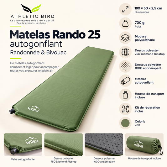 Matelas Rando 25 autogonflant Wilsa vert, 180 × 50 × 2,5 cm, conçu pour la randonnée et le bivouac.