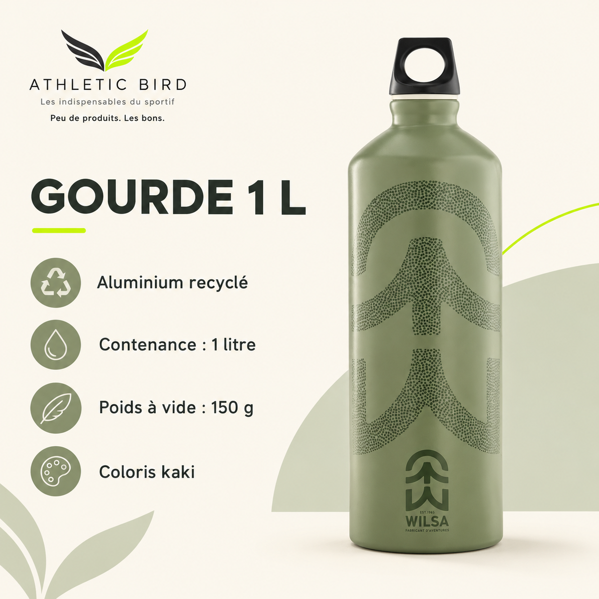 Gourde Wilsa Outdoor kaki : aluminium recyclé, contenance de 1 litre et poids à vide de 150 g, avec logo Athletic Bird