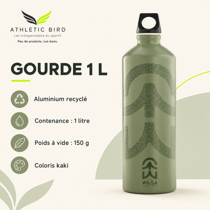 Gourde Wilsa Outdoor kaki : aluminium recyclé, contenance de 1 litre et poids à vide de 150 g, avec logo Athletic Bird