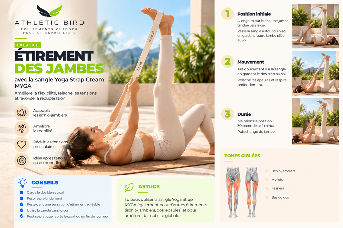 Sangle Yoga Strap Cream MYGA utilisée lors d’un exercice d’étirement des jambes sur le tapis en liège Sveltus, pour travailler progressivement la souplesse et la mobilité.