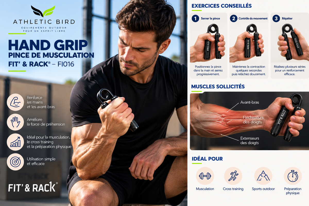 Hand Grip FIT’ & RACK FI016 utilisé par un sportif lors d’un exercice de renforcement de la main et de l’avant-bras.
