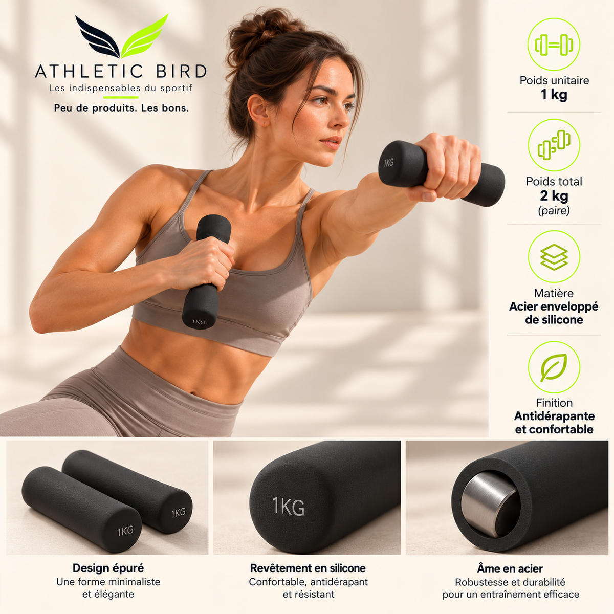 Poids de mains noirs avec marquage 1 kg et revêtement en silicone
