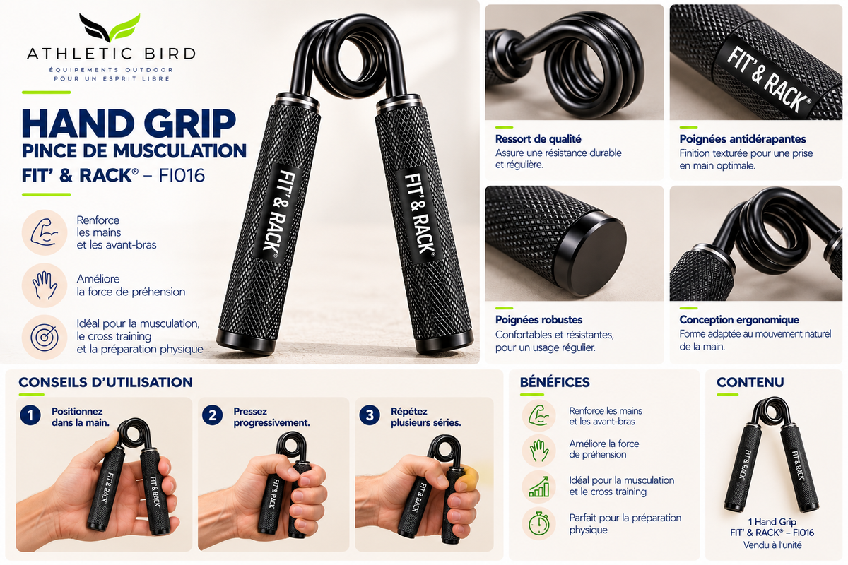 Hand Grip FIT’ & RACK FI016 présenté avec plusieurs vues détaillées de la pince et des conseils d’utilisation pour le renforcement de la préhension.