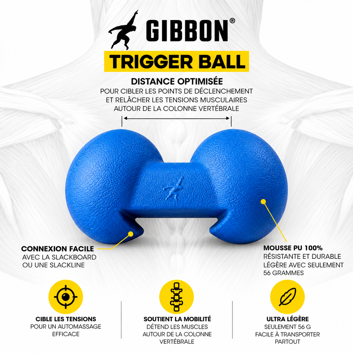 GIBBON Trigger Ball bleue utilisée pour un automassage ciblé du dos et des tensions musculaires après l’effort.