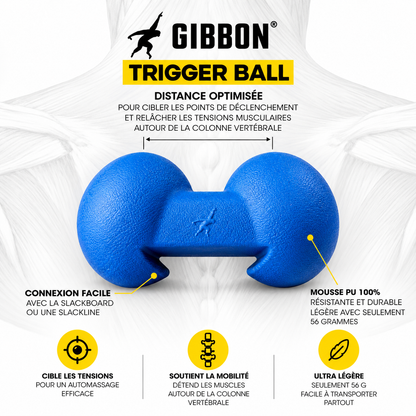 GIBBON Trigger Ball bleue utilisée pour un automassage ciblé du dos et des tensions musculaires après l’effort.