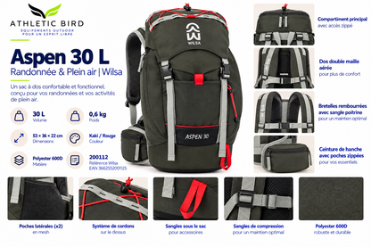 Sac à dos Wilsa Aspen 30 L Tarmac présenté avec ses principales caractéristiques pour la randonnée et les activités de plein air.