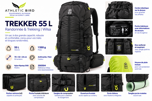 Sac à dos Wilsa Trekker 55 L noir présenté avec ses principales caractéristiques pour le trekking, la randonnée et le bivouac.