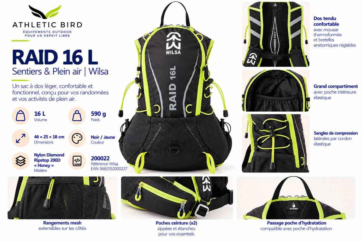 Sac à dos Wilsa RAID 16 L noir et jaune présenté avec ses principales caractéristiques pour la randonnée et les activités de plein air.