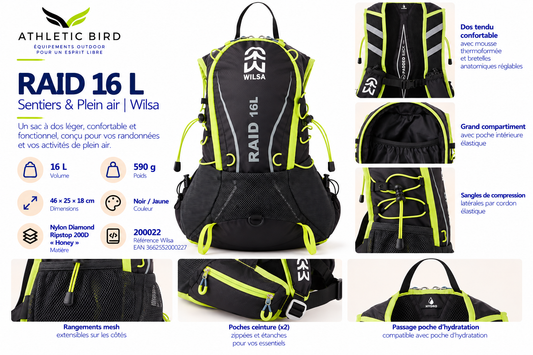 Sac à dos Wilsa RAID 16 L noir et jaune présenté avec ses principales caractéristiques pour la randonnée et les activités de plein air.