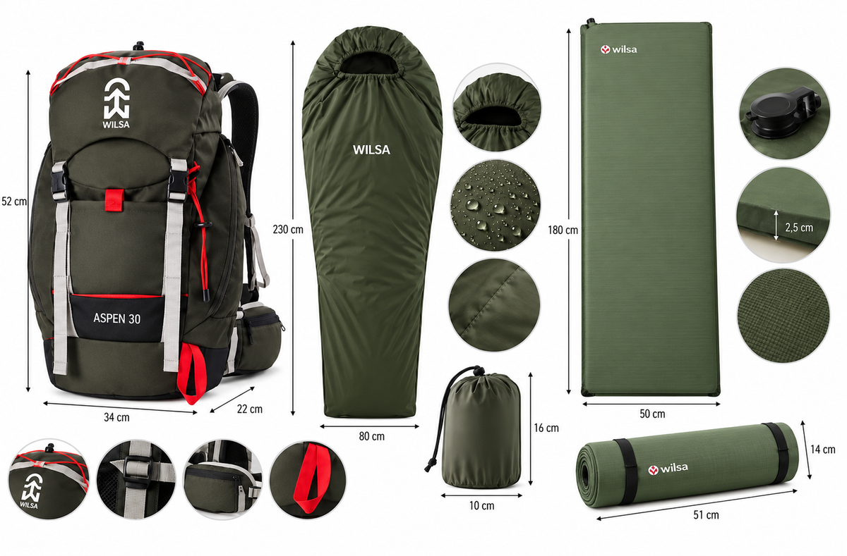 Produits du Pack OUTDOOR Athletic Bird : sac à dos Wilsa Aspen 30 L Tarmac, matelas autogonflant Rando 25 vert et sursac Wilsa kaki.