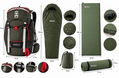 Produits du Pack OUTDOOR Athletic Bird : sac à dos Wilsa Aspen 30 L Tarmac, matelas autogonflant Rando 25 vert et sursac Wilsa kaki.
