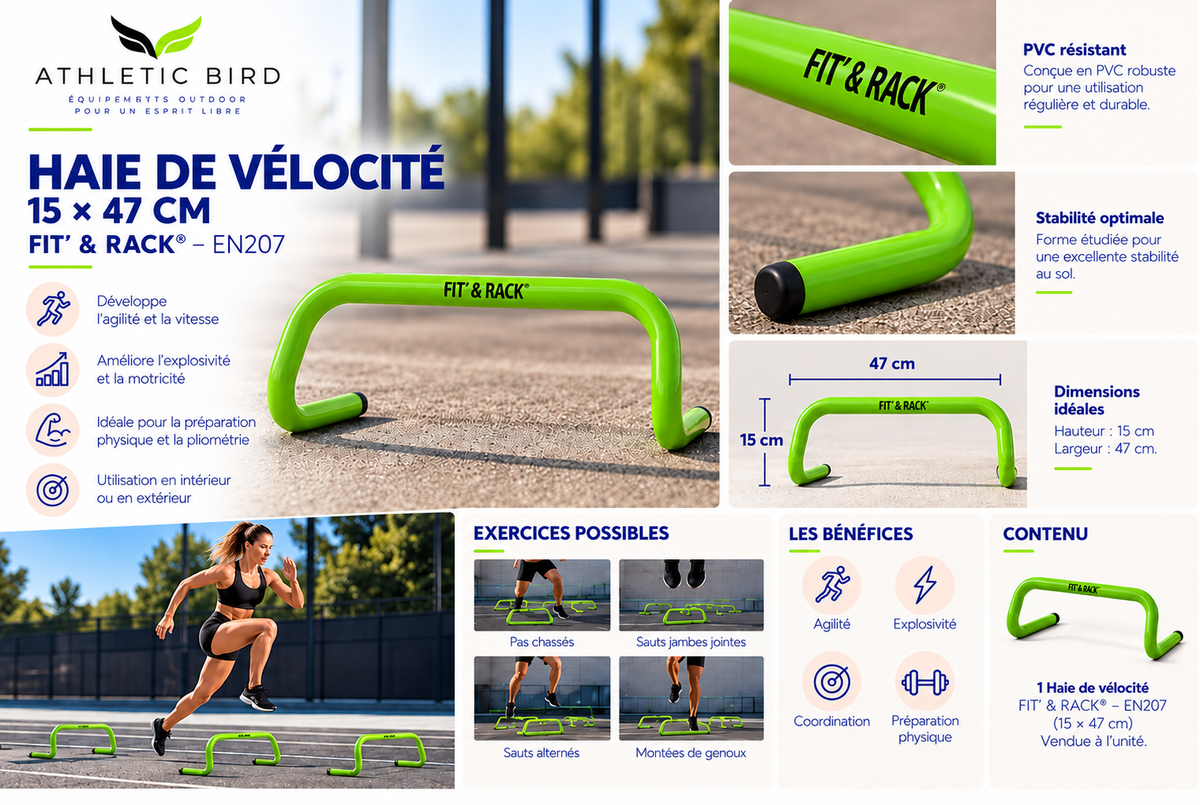 Haie de vélocité FIT’ & RACK EN207 verte, 15 × 47 cm, conçue pour les exercices d’agilité, de motricité et de préparation physique.