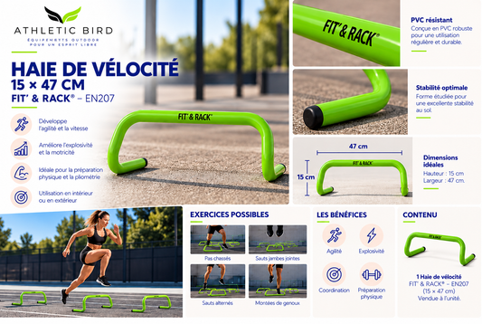 Haie de vélocité FIT’ & RACK EN207 verte, 15 × 47 cm, conçue pour les exercices d’agilité, de motricité et de préparation physique.