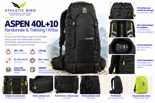 Sac à dos Wilsa Aspen 40+10 L anthracite présenté avec ses principales caractéristiques pour la randonnée, le trekking et le bivouac.