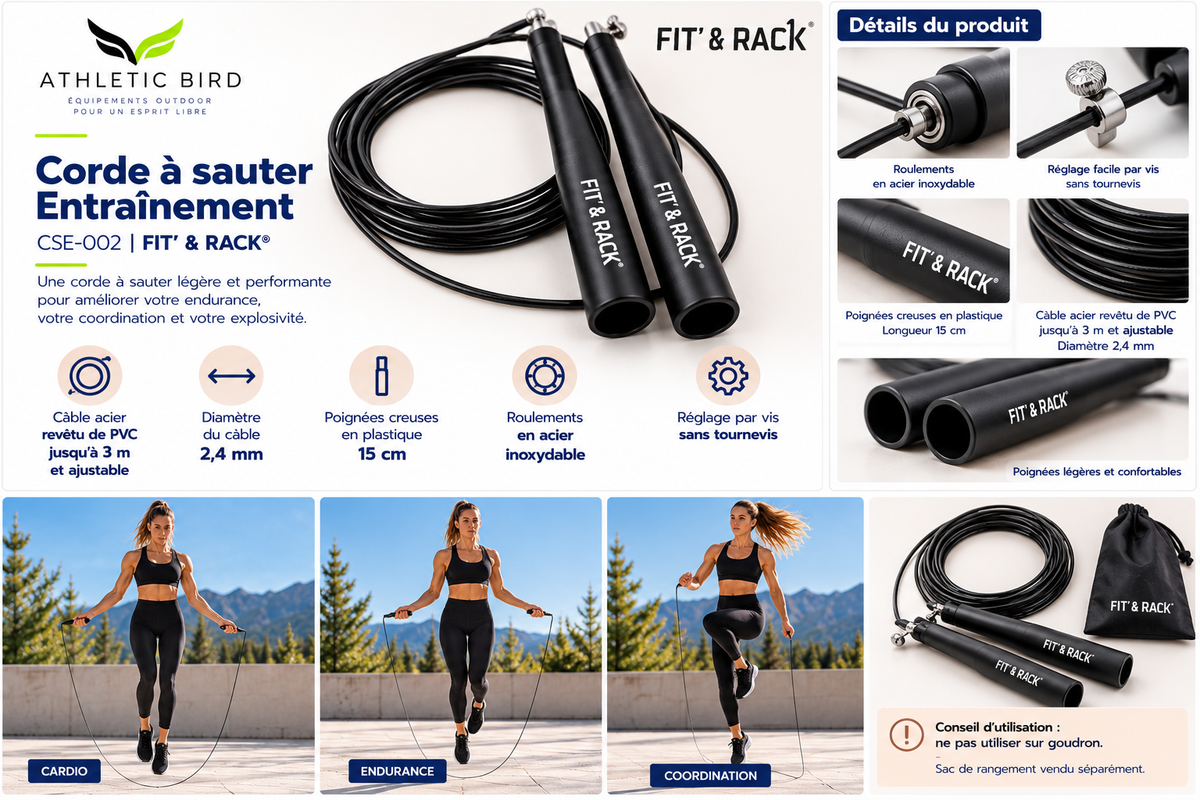 Corde à sauter Entraînement FIT’ & RACK CSE-002 noire, avec câble acier revêtu de PVC ajustable et poignées de 15 cm.