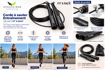 Corde à sauter Entraînement FIT’ & RACK CSE-002 noire, avec câble acier revêtu de PVC ajustable et poignées de 15 cm.