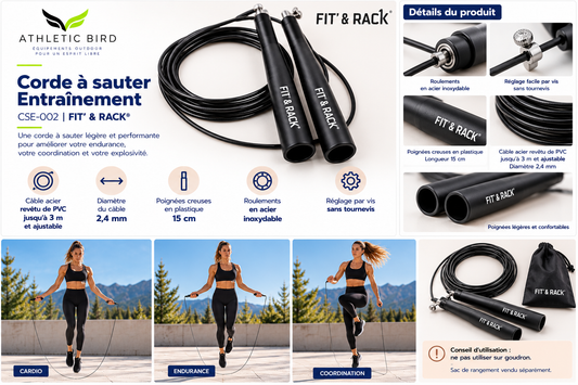 Corde à sauter Entraînement FIT’ & RACK CSE-002 noire, avec câble acier revêtu de PVC ajustable et poignées de 15 cm.