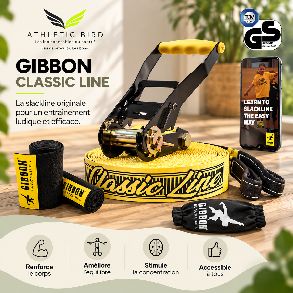 Slackline GIBBON ClassicLine Treewear Set 25 m jaune avec protections d’arbres