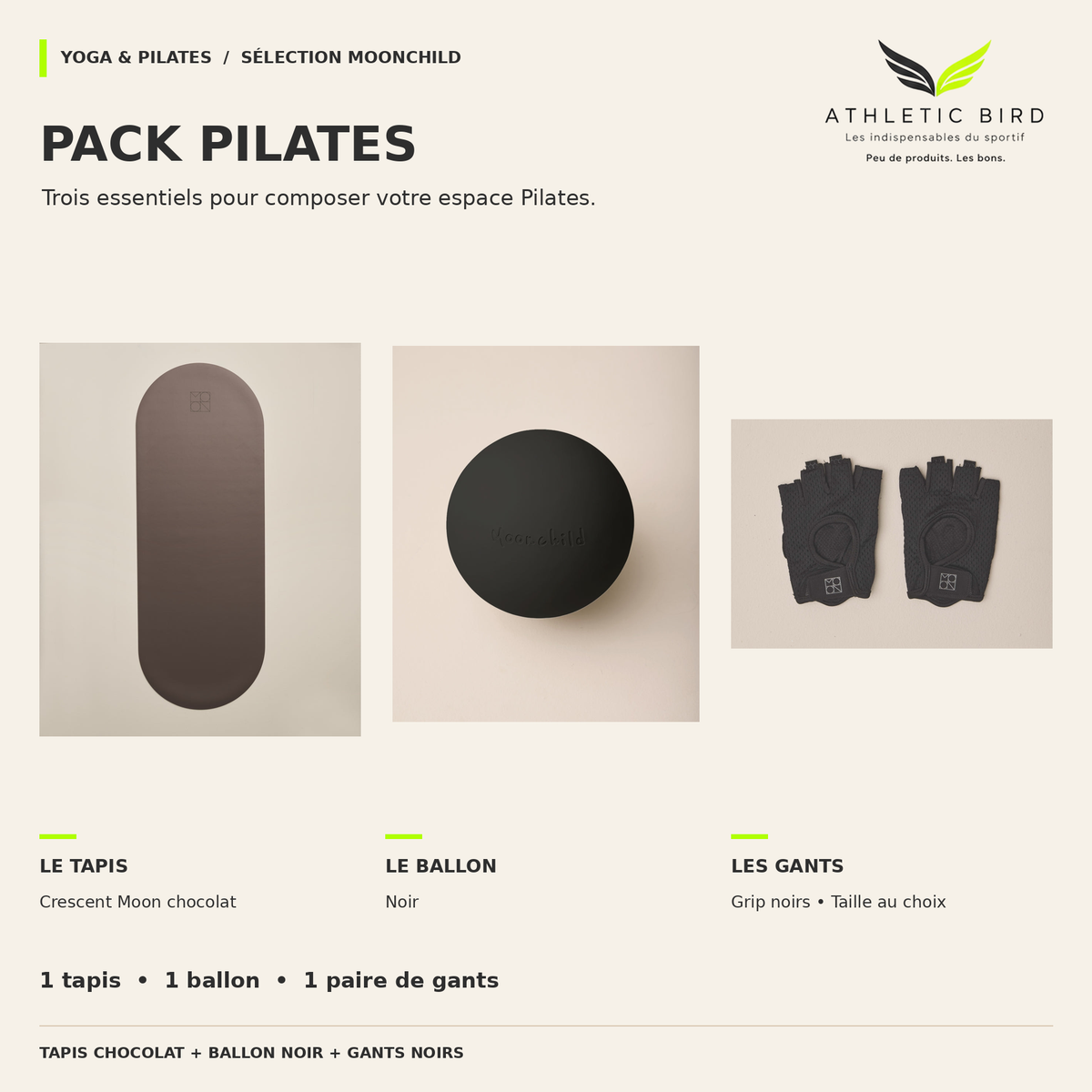 Pack Pilates Moonchild : tapis Crescent Moon chocolat, ballon Pilates noir et paire de gants Grip noirs.