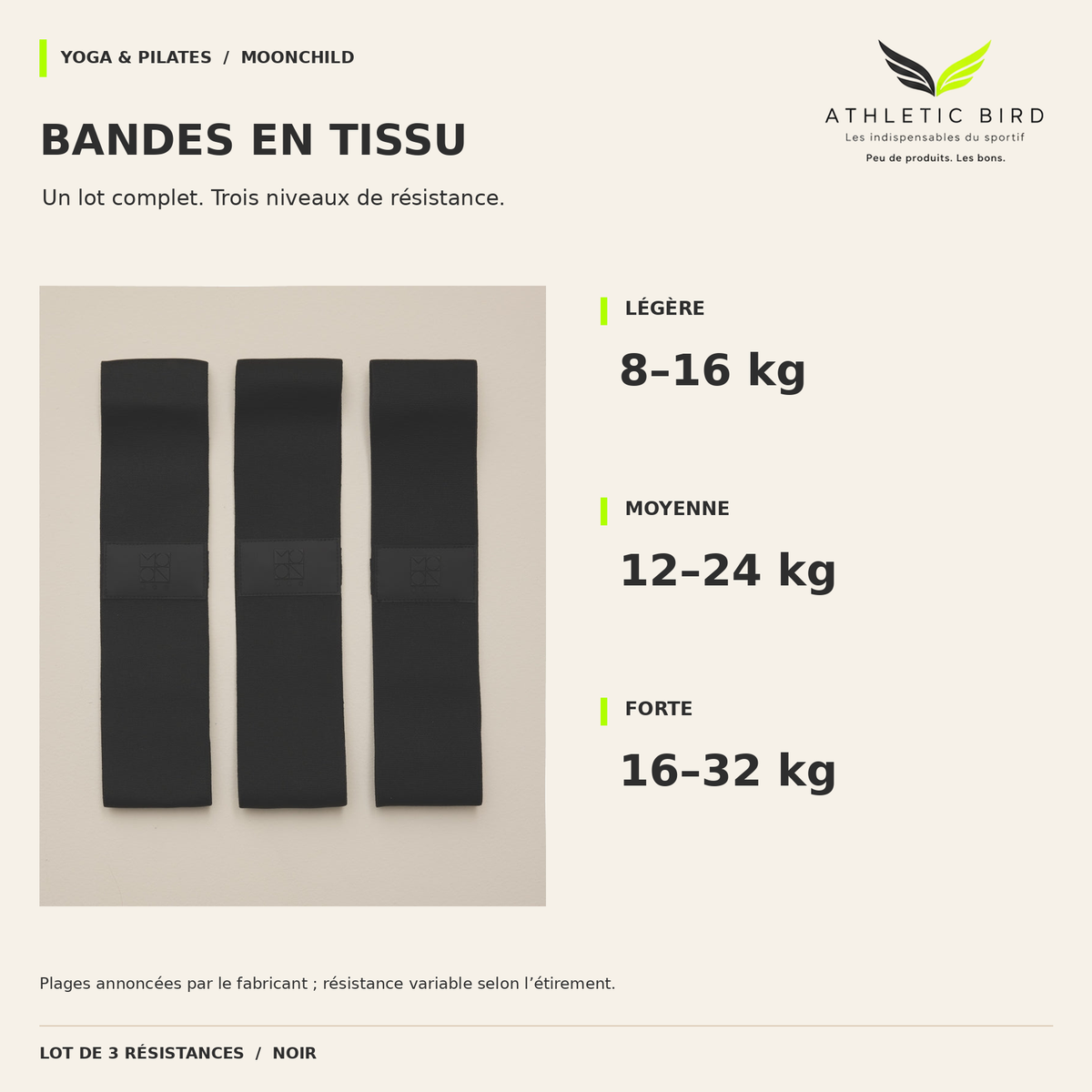 Trois bandes Moonchild noires avec résistances annoncées : légère 8–16 kg, moyenne 12–24 kg et forte 16–32 kg.