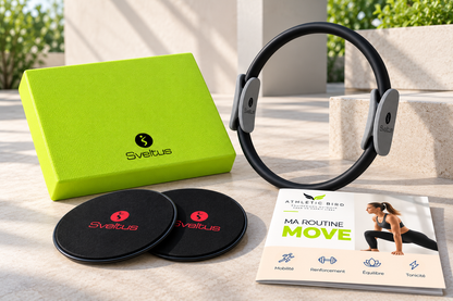 Contenu du Pack MOVE Athletic Bird avec Sliders, Balance Pad et Pilates Ring Sveltus, accompagné de la routine d’exercices MOVE.