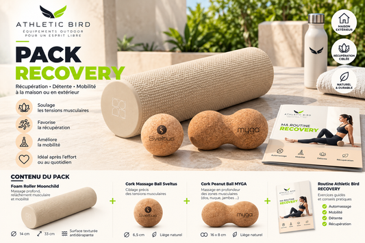 
Pack RECOVERY Athletic Bird utilisé lors d’un exercice d’auto-massage des jambes avec le Foam Roller Moonchild beige texturé, pour une routine de mobilité et de récupération après l’effort.