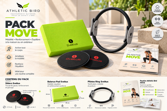 Pack MOVE Athletic Bird composé des Sliders Sveltus noirs, du Balance Pad vert anis, du Pilates Ring noir à poignées grises et de la routine MOVE.