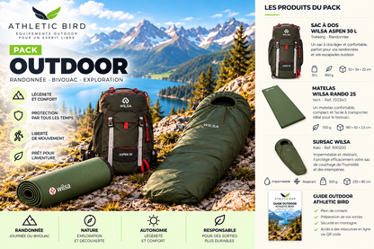 Pack OUTDOOR Athletic Bird composé du sac à dos Wilsa Aspen 30 L Tarmac, du matelas autogonflant Wilsa Rando 25 vert du sursac Wilsa kaki et du Guide Outdoor Athletic Bird