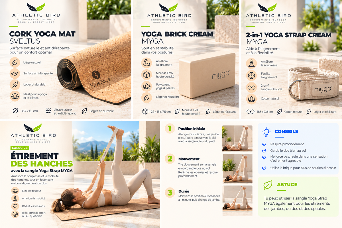 Sangle Yoga Strap Cream MYGA utilisée lors d’un exercice d’étirement des jambes sur le tapis en liège Sveltus, pour travailler progressivement la souplesse et la mobilité.