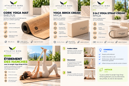 Sangle Yoga Strap Cream MYGA utilisée lors d’un exercice d’étirement des jambes sur le tapis en liège Sveltus, pour travailler progressivement la souplesse et la mobilité.
