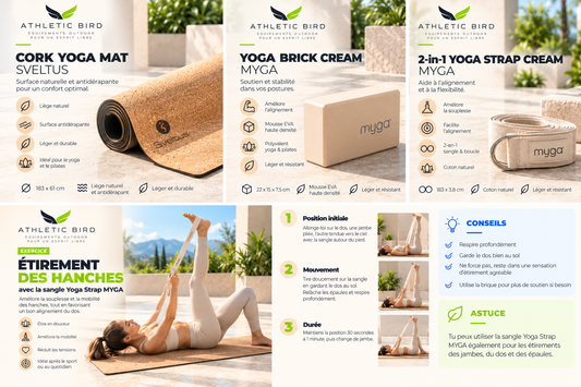 Sangle Yoga Strap Cream MYGA utilisée lors d’un exercice d’étirement des jambes sur le tapis en liège Sveltus, pour travailler progressivement la souplesse et la mobilité.