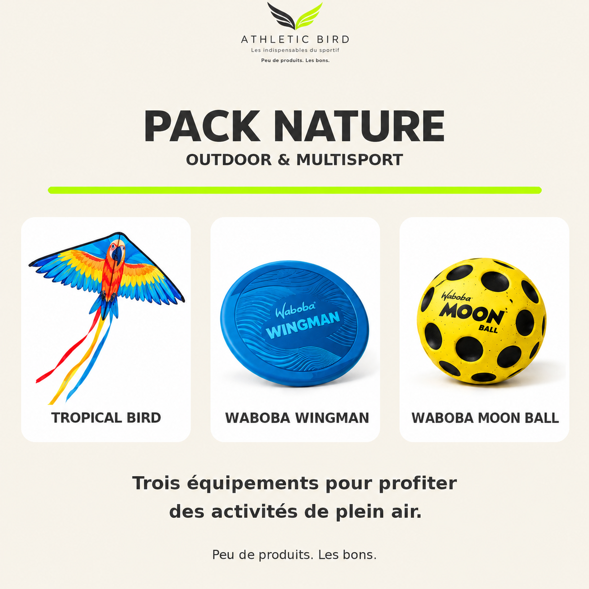 Pack Nature Athletic Bird : cerf-volant perroquet Tropical Bird, disque bleu Waboba Wingman et balle jaune Waboba Moon Ball, présentés sur fond crème