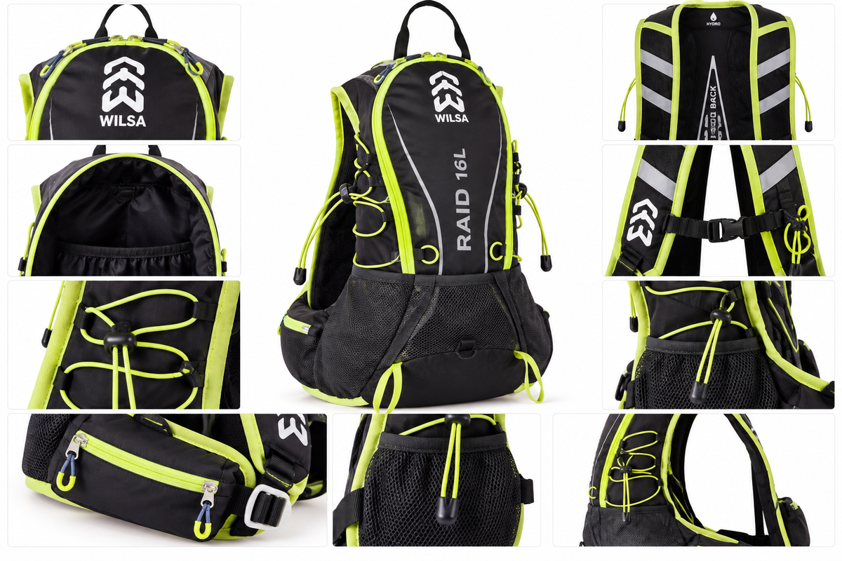 Sac à dos Wilsa RAID 16 L noir et jaune présenté avec plusieurs vues détaillées de ses compartiments, poches, bretelles, dos et systèmes de rangement.