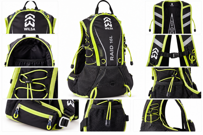 Sac à dos Wilsa RAID 16 L noir et jaune présenté avec plusieurs vues détaillées de ses compartiments, poches, bretelles, dos et systèmes de rangement.