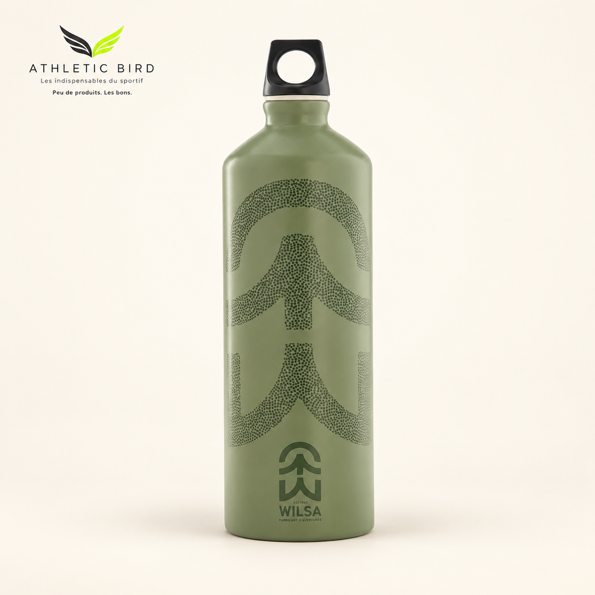 Gourde Wilsa Outdoor 1 litre kaki avec bouchon noir, sur fond écru, logo Athletic Bird en haut à gauche.