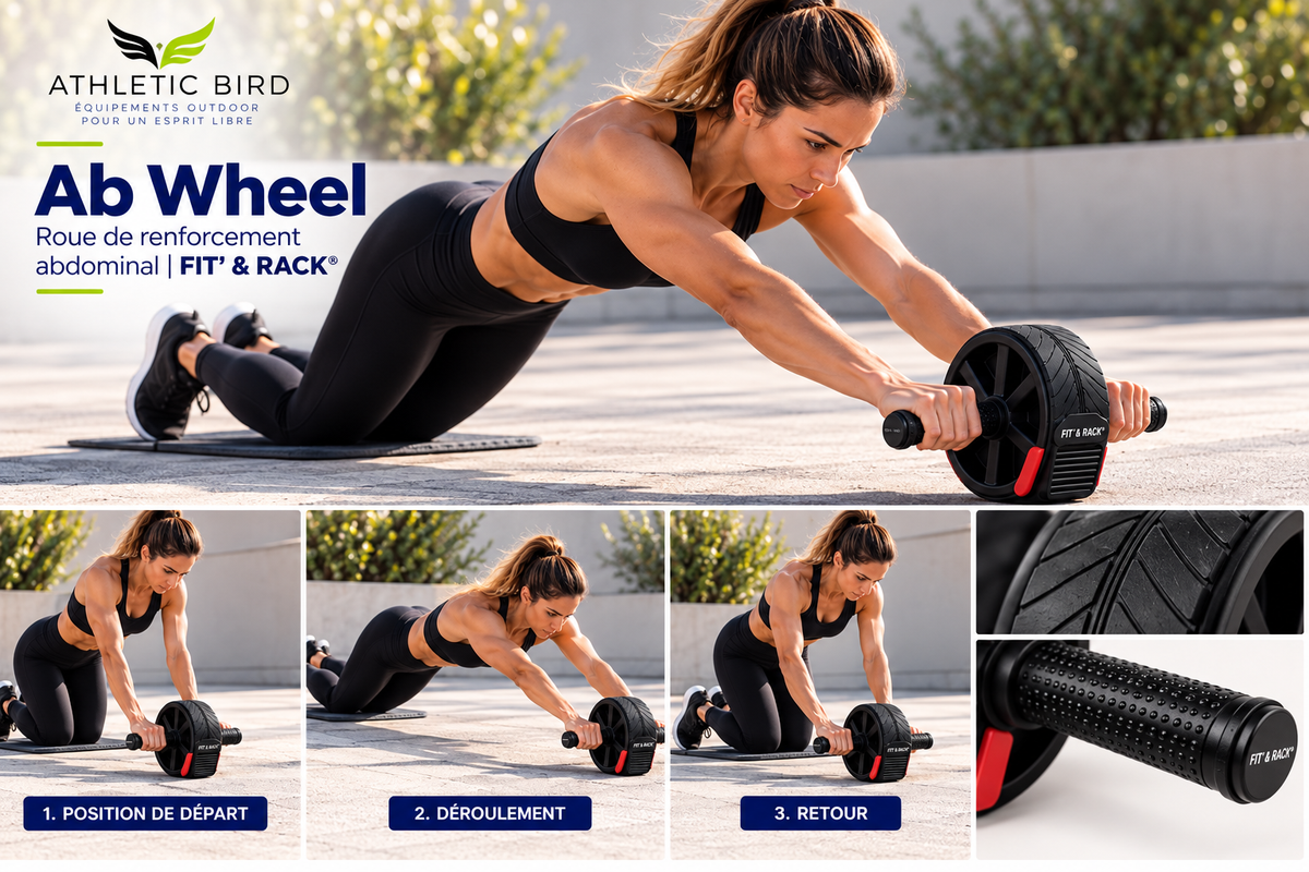 AB Wheel FIT’ & RACK utilisée lors d’un exercice de renforcement abdominal avec mouvement de déroulement et de retour.