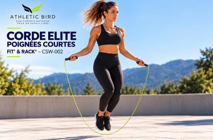 Corde Elite FIT’ & RACK CSW-002 utilisée en extérieur lors d’un exercice de saut sportif.