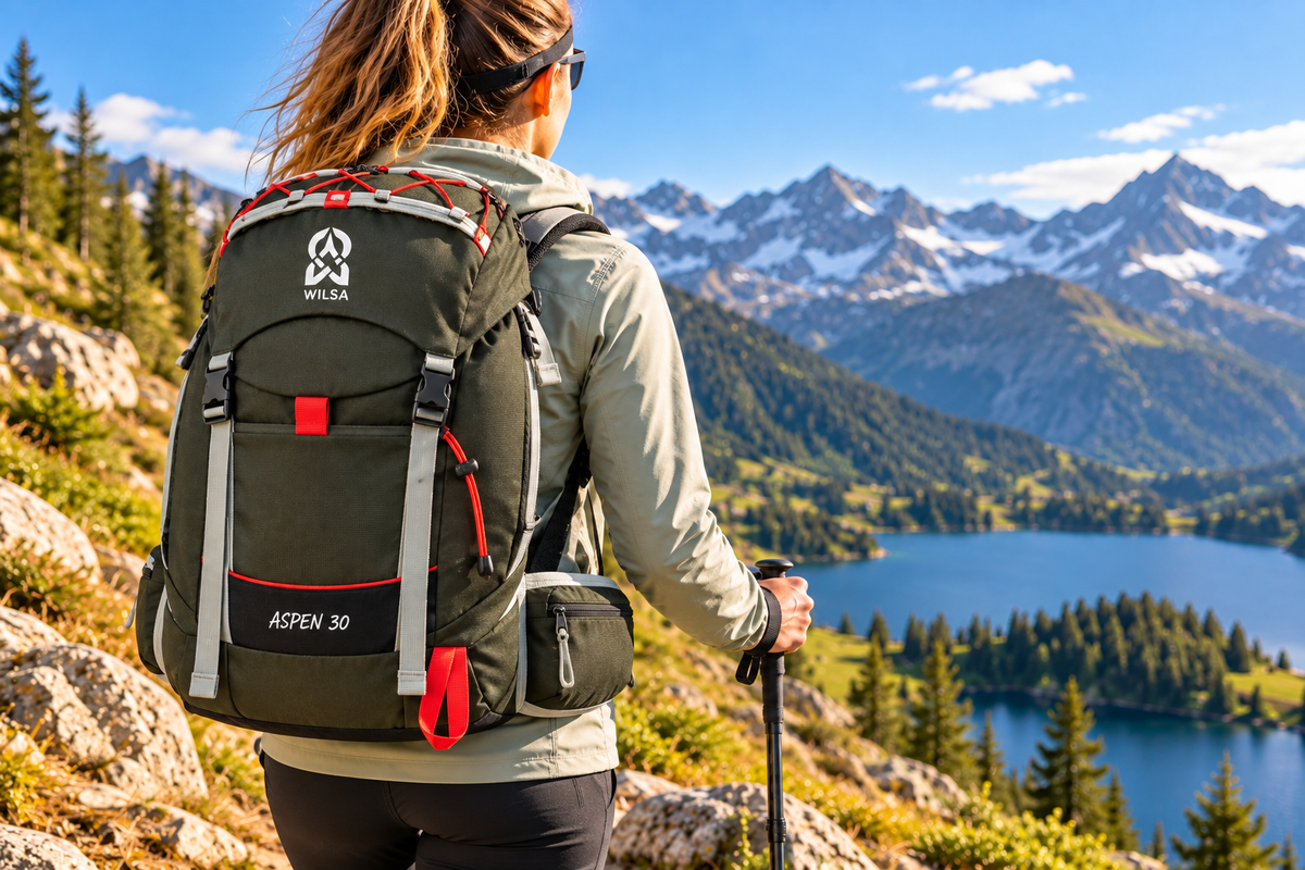 Sac à dos Wilsa Aspen 30 L Tarmac porté par une randonneuse sur un sentier de montagne face à un paysage alpin et un lac.