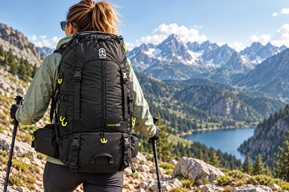 Sac à dos Wilsa Trekker 55 L noir présenté en extérieur sur un sentier rocheux face à un paysage de montagne 