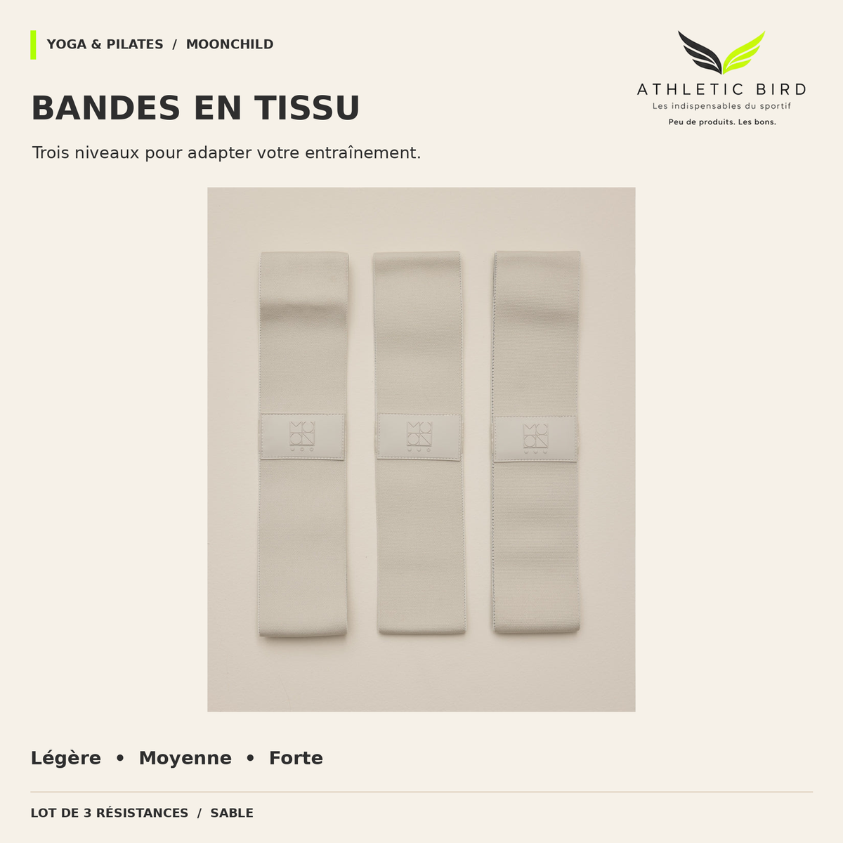 Lot de trois bandes élastiques en tissu Moonchild MY1127 sable, de résistances légère, moyenne et forte.
