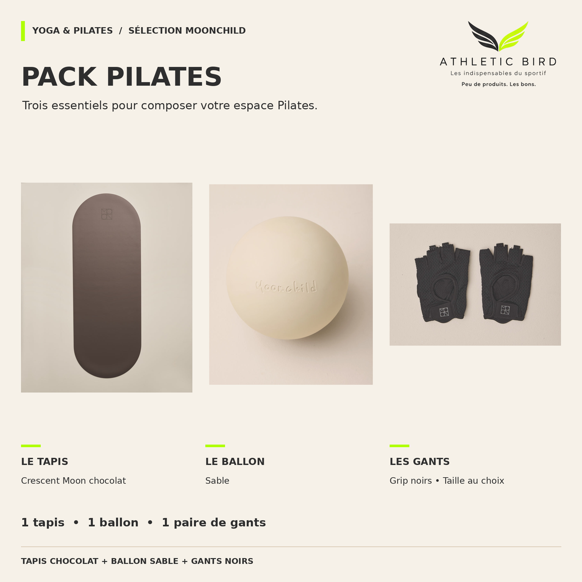 Pack Pilates Moonchild : tapis Crescent Moon chocolat, ballon Pilates sable et paire de gants Grip noirs.