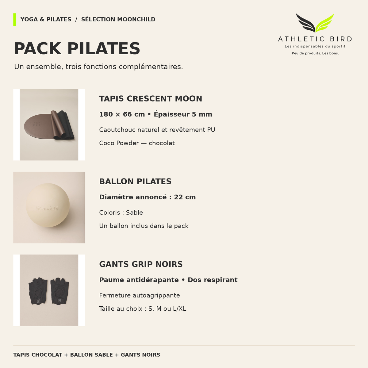 Pack Pilates Moonchild : tapis chocolat de 180 × 66 cm et 5 mm d’épaisseur, ballon sable de 22 cm et gants noirs en tailles S, M ou L/XL.