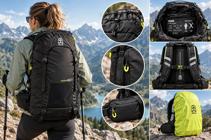 Sac à dos Wilsa Aspen 40+10 L anthracite présenté en extérieur sur un terrain rocheux face à un paysage de montagne et un lac.