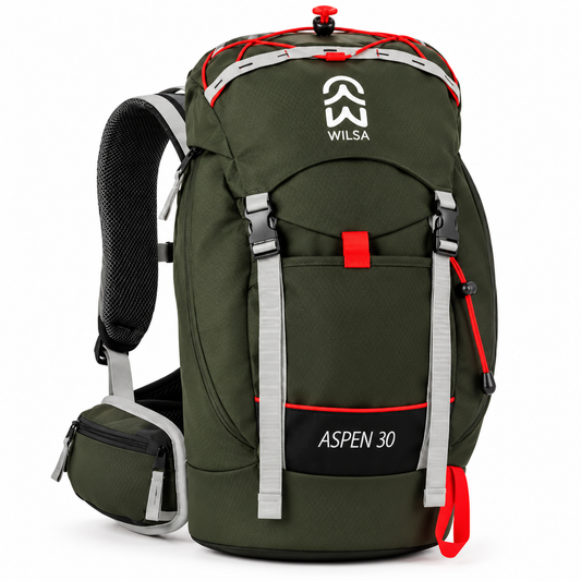 Sac à dos de randonnée WILSA Aspen 30 L vert kaki, présenté seul de face sur fond blanc. Équipé de bretelles rembourrées, de sangles de compression grises, d’une ceinture ventrale avec poche zippée et de cordons et attaches rouges. Sac technique conçu pour la randonnée et les activités outdoor, sélectionné par Athletic Bird.