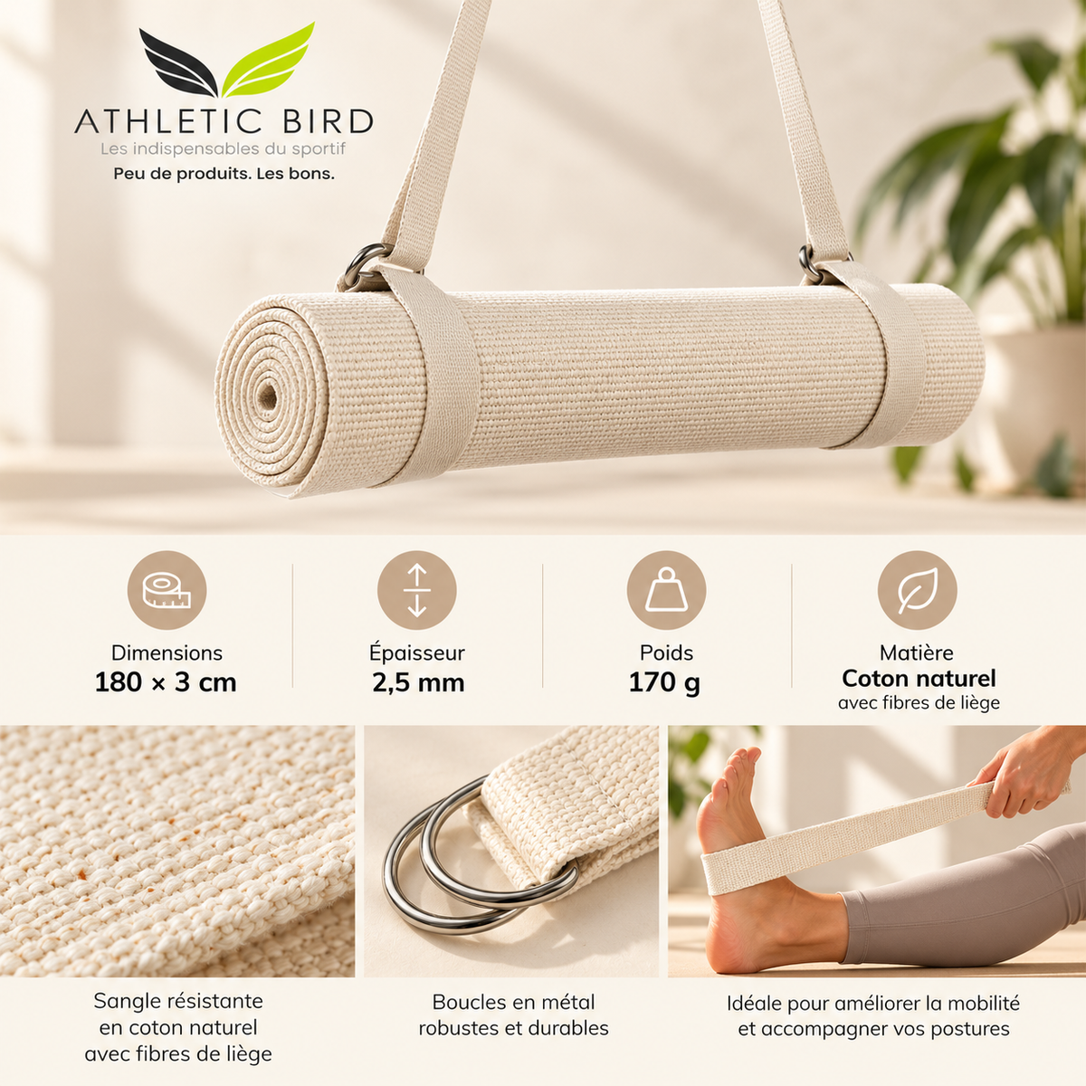 Sangle de yoga 2-en-1 crème utilisée dans plusieurs exercices de mobilité et d’étirement des jambes et des épaules.