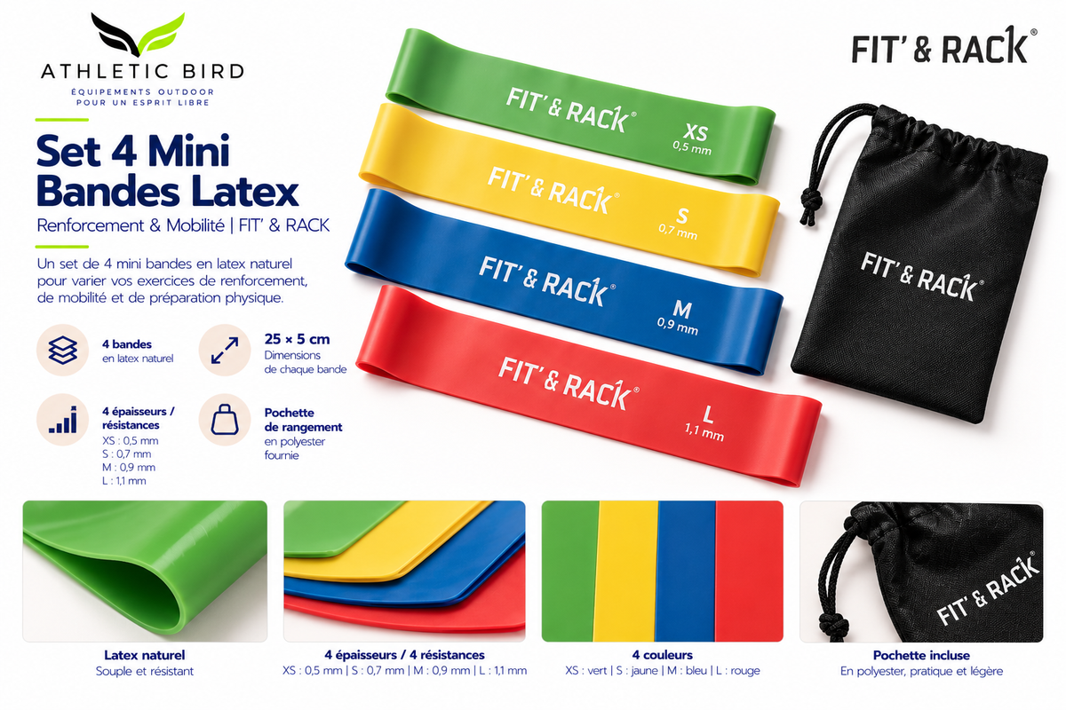 Set de 4 mini bandes FIT’ & RACK en latex naturel, présenté avec les quatre niveaux de résistance et la pochette de rangement.