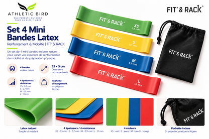 Set de 4 mini bandes FIT’ & RACK en latex naturel, présenté avec les quatre niveaux de résistance et la pochette de rangement.
